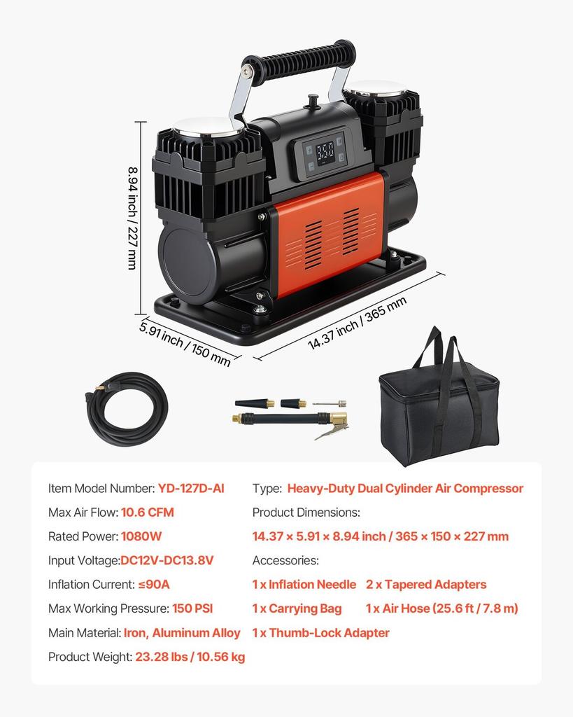 Compressore d'aria ad alte prestazioni a doppio cilindro, Gonfiatore portatile per pneumatici con arresto automatico 300L/min, Pompa d'aria 12V 150PSI per fuoristrada con display digitale LCD e adattatori