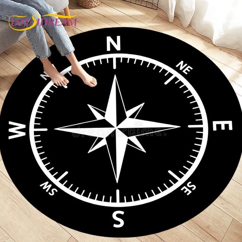 Compass Round Area Rug,Retro British Navy New World Discovery Rug,Carpets for Living Room Bedroom,Kids Play Non-slip Floor Mats