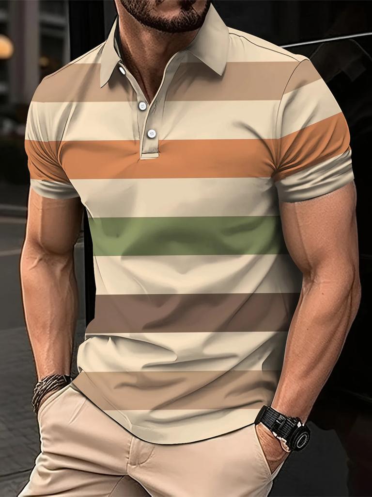 Men's Summer Short Clothes Sleeved Lapel 3D Digital Printed Striped Polo Shirt Men's Fashion Business Casual Top Clothes