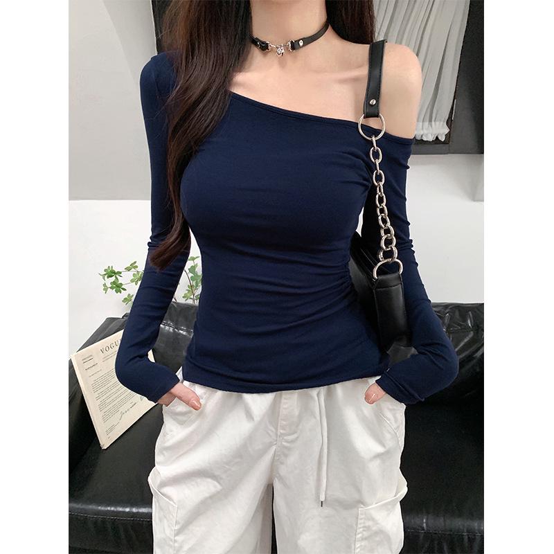 Women's 180g Ribbed Ice Silk Off-the-Shoulder Long Sleeve Top - Autumn Slim Fit, Pure Desire Style