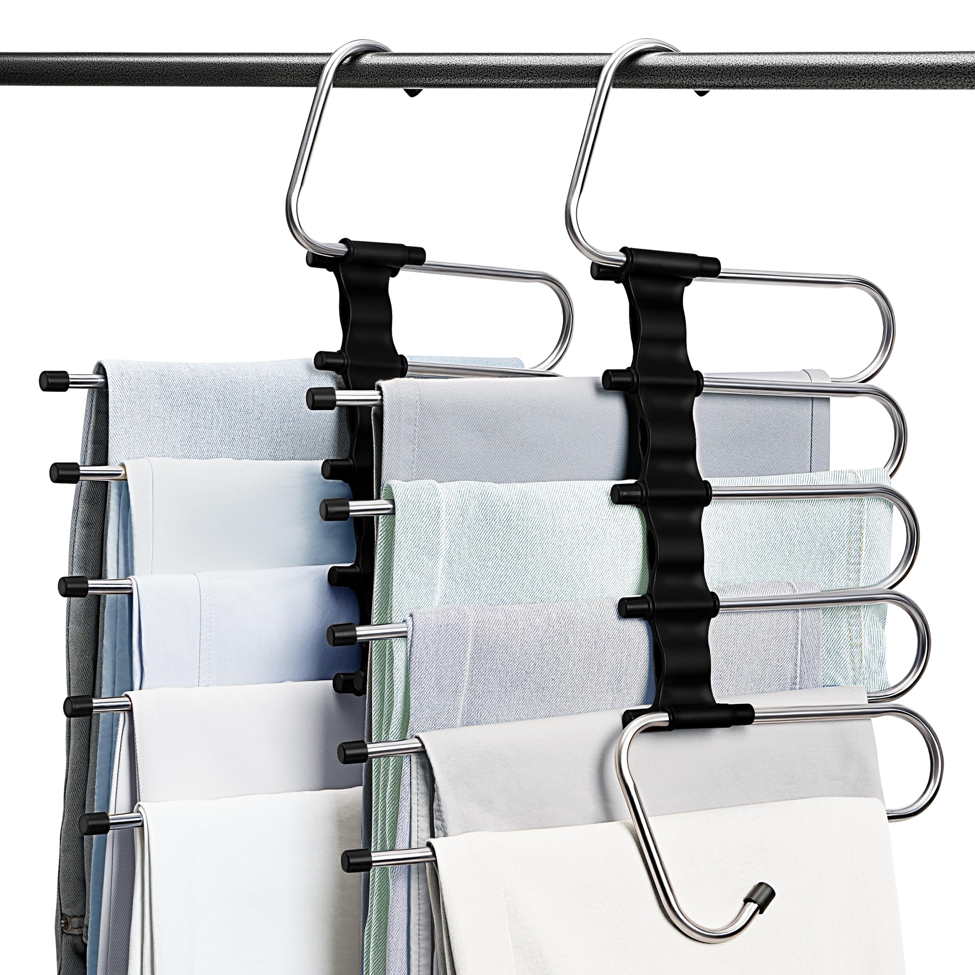

on SNS x 5x Storage TITIROBA Trouser Hanger of Stainless No Matte Black [Trending Capacity] (Set 2) - Steel, Space-Saving, 5-Hook, Vertical/Horizontal