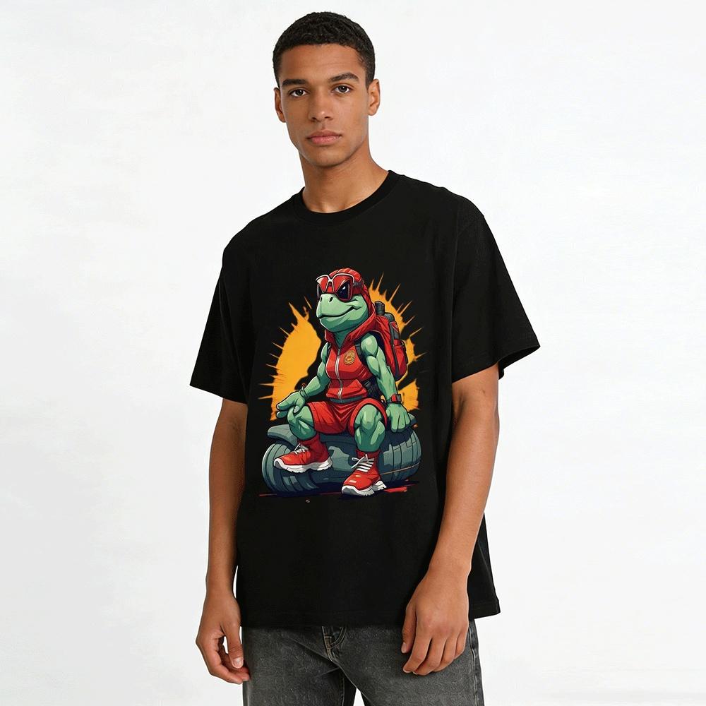 Muscular Turtle Print Trendy Functional Style Casual Top Pure cotton T-shirt