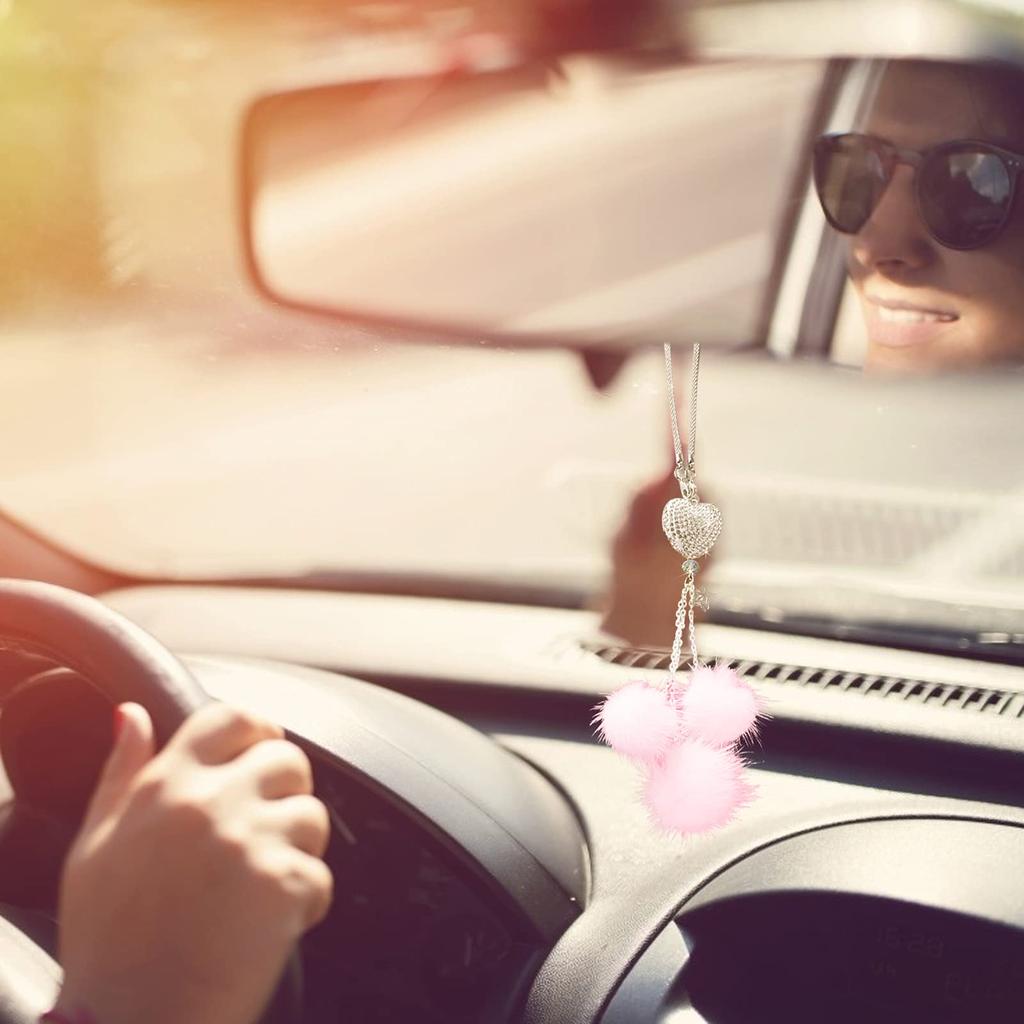 Formemory Car Rearview Mirror Decorative Tassel Bag Mirror Pendant Charm Decoration Accessory Rhinestone Pendant Cute Pom Pom Car Decoration (Pink)