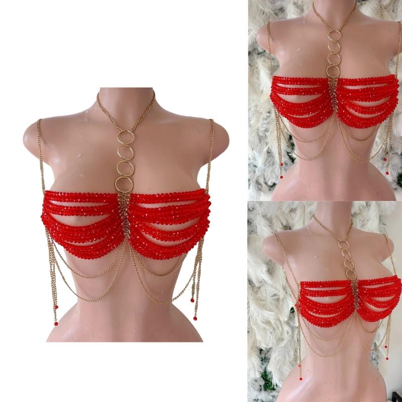 Fashionable Red Beaded Halter Neck Bra Chest Chain Body Jewelry Camisole Vest Crop Top for Women Beachwear Festivals