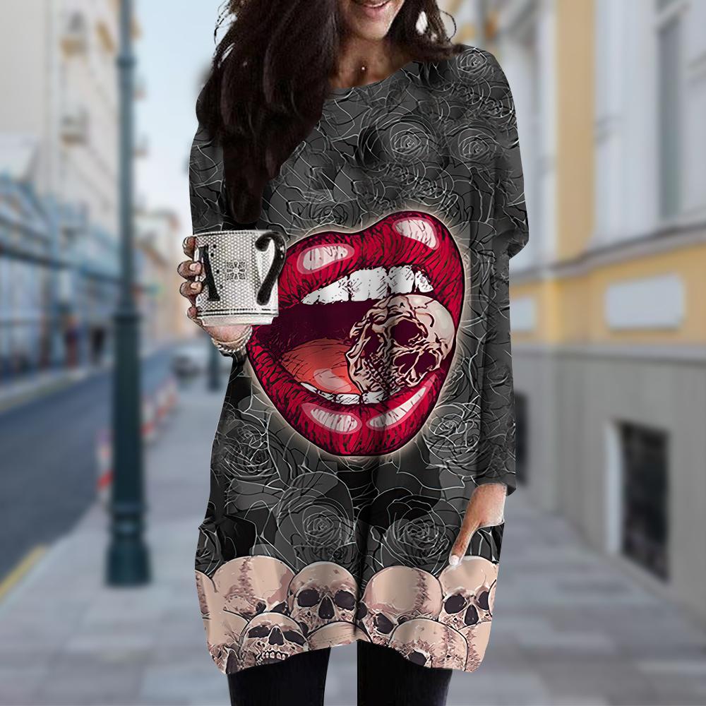 

Женское платье с принтом красных губ и круглым вырезом, весна-осень, платье больших размеров с карманами 8XL красный