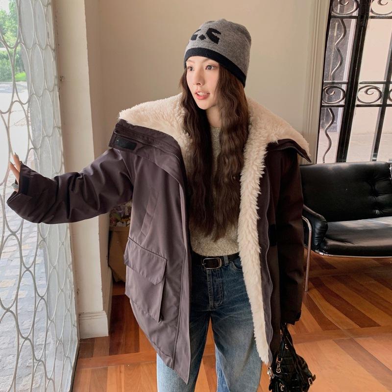 Army green lamb wool cotton-padded clothes women's medium and long winter wind jacket jacket velvet cotton-padded clothes