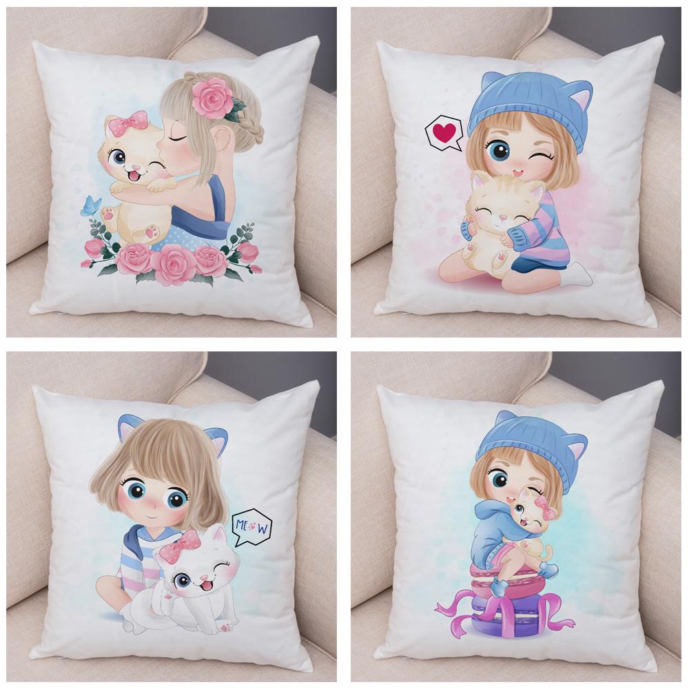 Children's Room Sofa Home Pillowcase Cute Cartoon Girl and Cat Pillowcase Decoration Cute Animal Cushion Cover