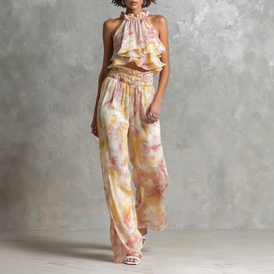 Women Sleeveless Halter Neck Ruffle Top and High Waist Wide Leg Pants Set Ombre Print
