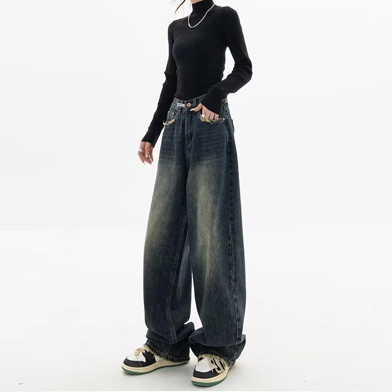 Spring and Summer New Jeans Women's High Waist Slimming and Straight Loose American Retro High Street Casual Pants Wide Leg Pants Pants