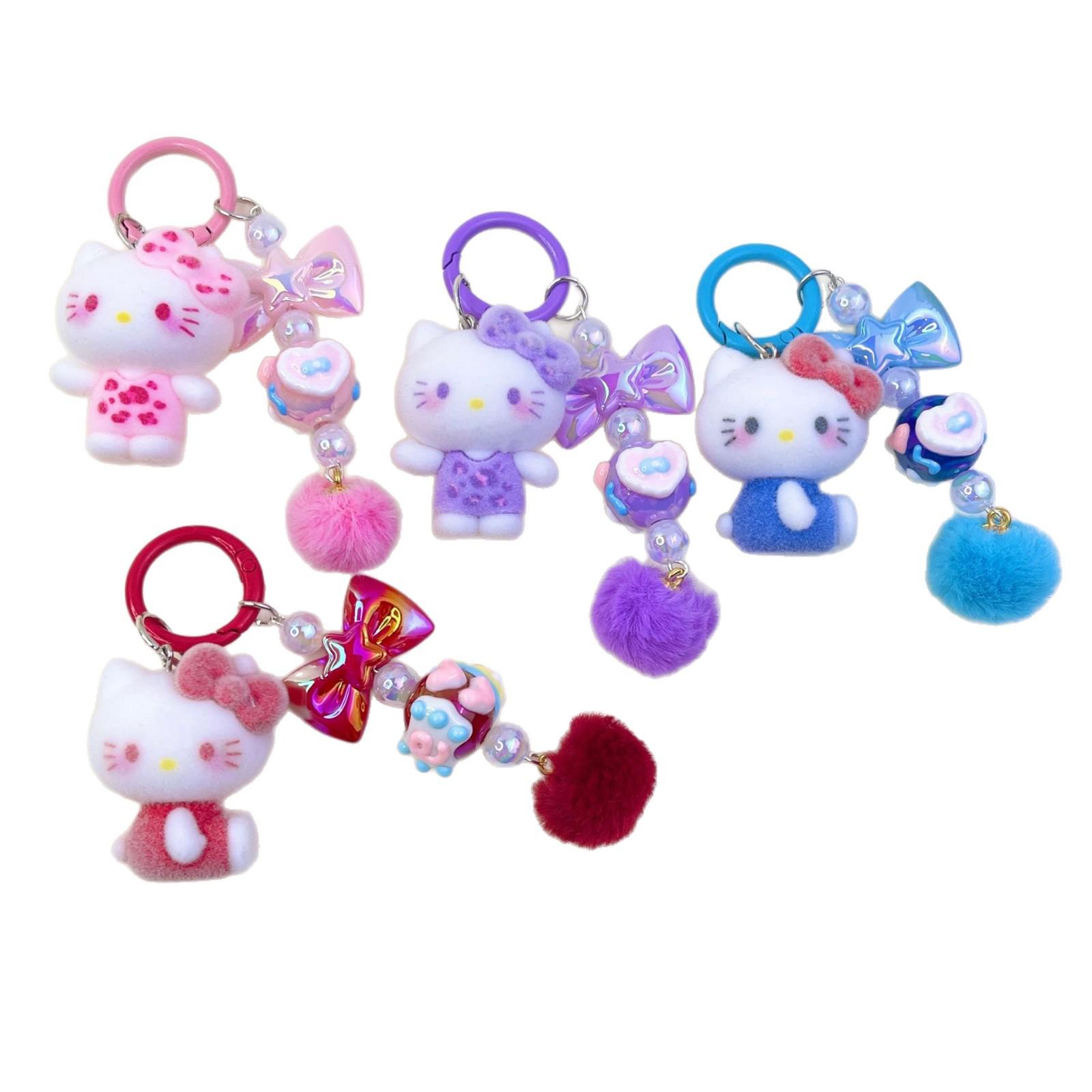 Trendy Bow-Knot Flocked Cat Fur Ball Keychain Pendant Green Flocked Cat Keychain