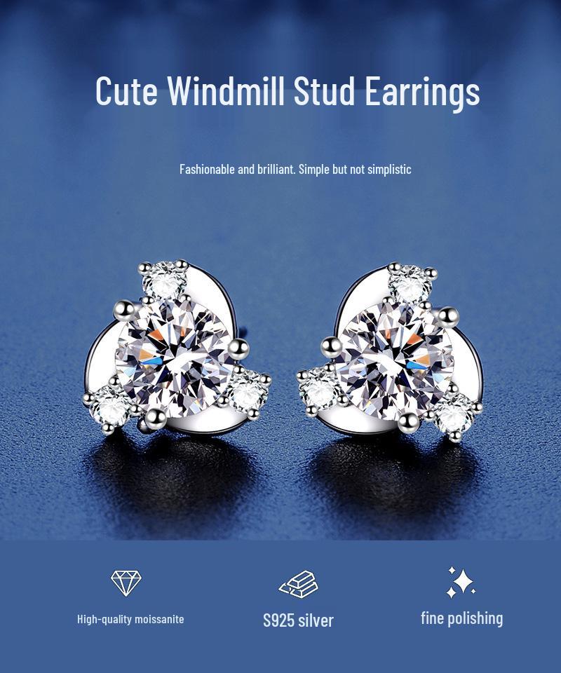 Korean Style Moissanite Windmill Stud Earrings In 925 Sterling Silver - Simple, Exquisite Christmas Jewelry for Girls
