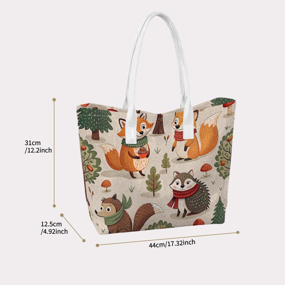 Cute Forest Animal Printed Shoulder Tote Bag Casual Lightweight Portable Daily Use Shopping Handbag