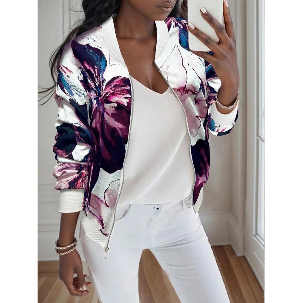 Women's Floral Print Baseball Collar Bomber Jacket Long Sleeve Zip Up Coat Outerwear