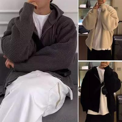 Men Fall Winter Sweater Coat Hooded Drawstring Loose Zipper Closure Long Sleeves Drawstring