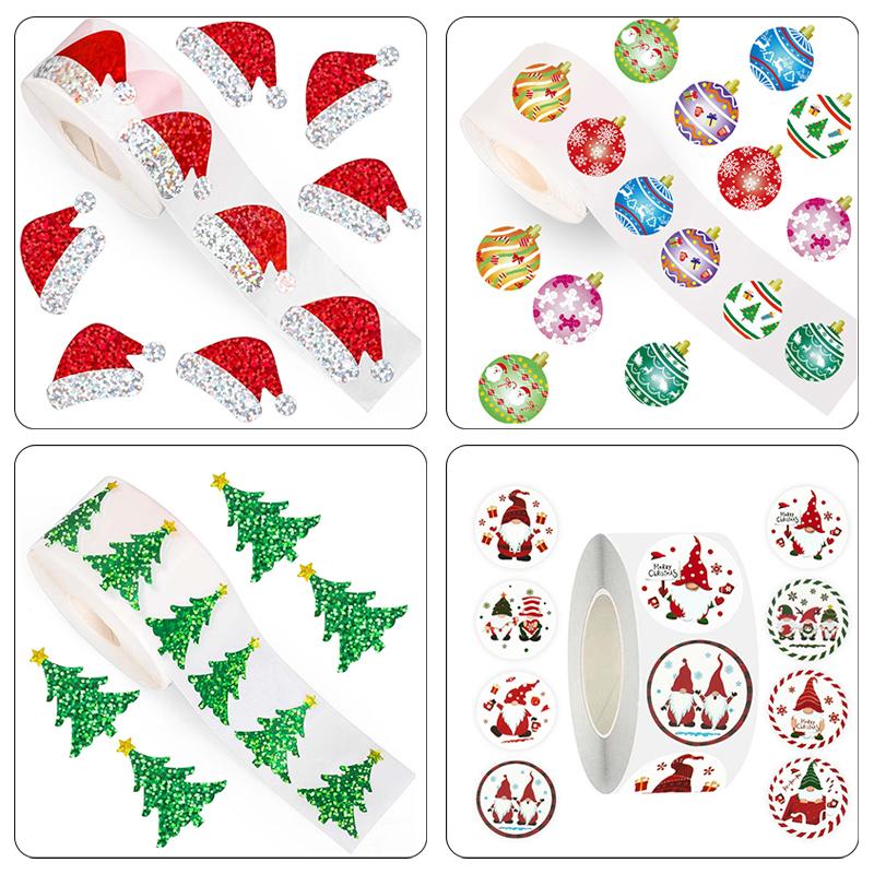 200-500Pcs Christmas Stickers Christmas Tree Santa Hat Self-Adhesive Gift Tags Pvc Gift Wrapping Seals Decals Party Decorations