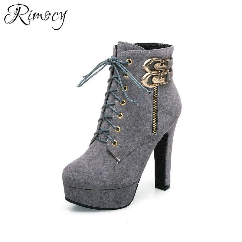 Rimocy  New Autumn Ankle Boots For Women Platform High Heels Shoes Woman Buckle Short Booties Casual Faux Suede Footwear