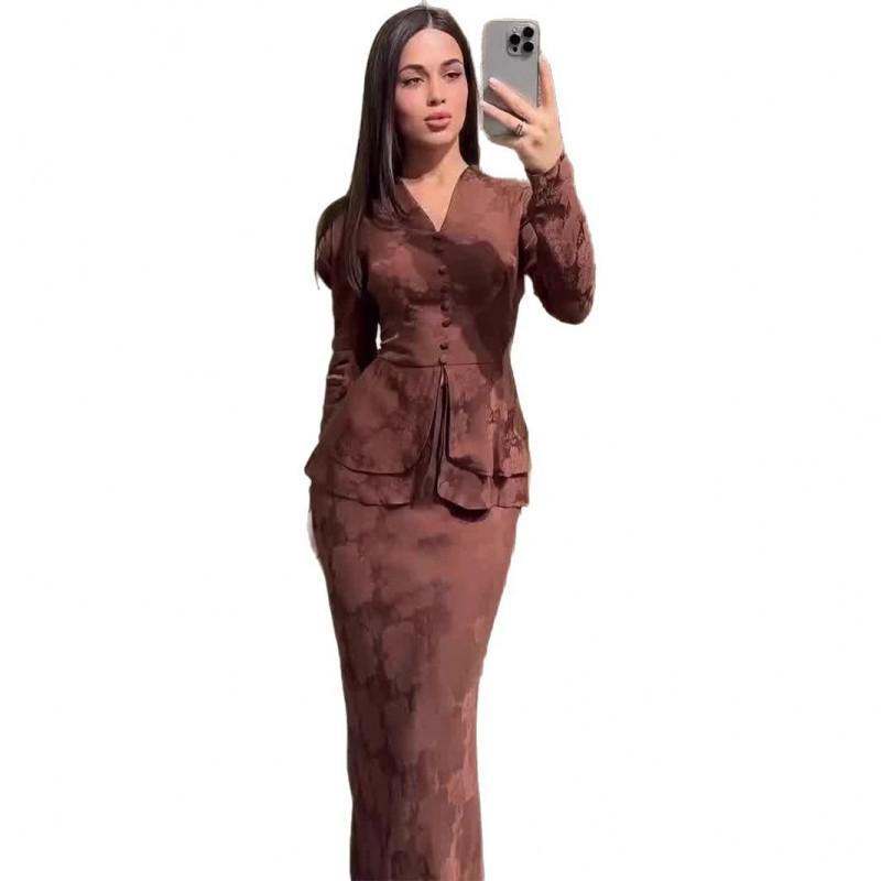 Womens Vintage Elegant Long Sleeve Wrap-Style Maxi Dress With Floral Print Cotton Blend V-Neck
