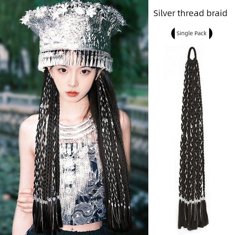 

False Braids Children s Miao S Ethnic Style Cable Stitch Long Braid Tibetan Style Color Small Braid Silver String Dreadlocks Pair Ponytail Wig Tibetan silver braid [single]]