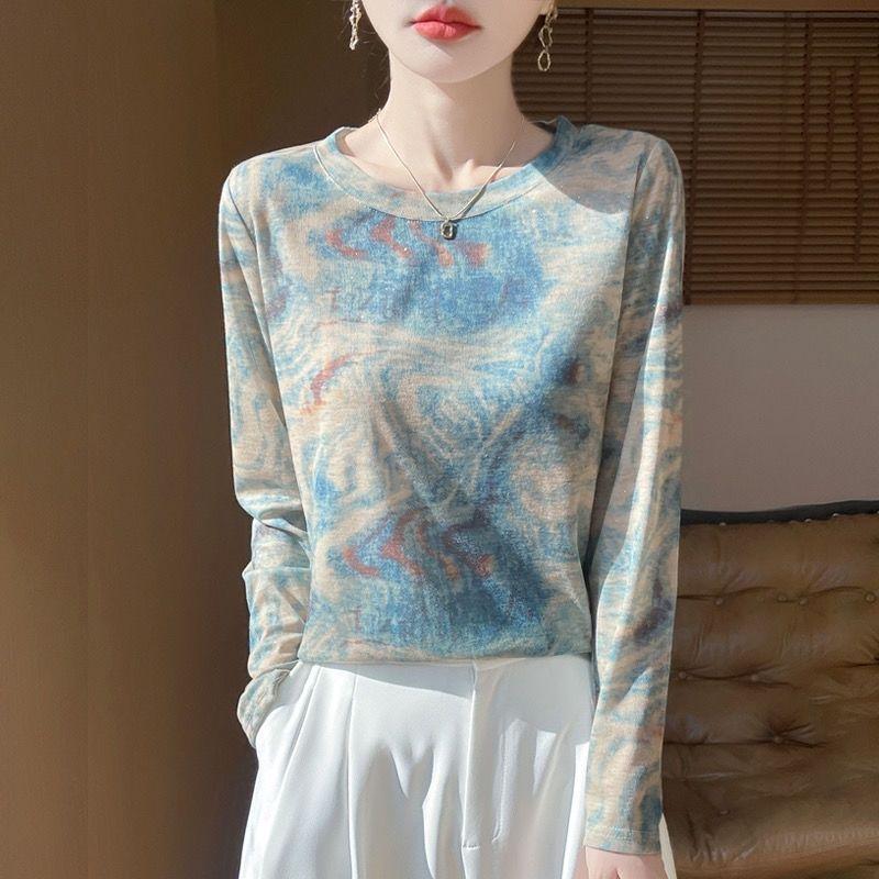 Women's Summer Knitwear Thin Print Pullover Knit Top Long Sleeve Sweater