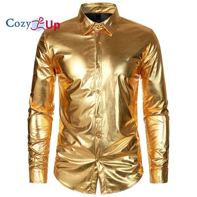 Pánske metalické disco lesklé košele Slim Fit s dlhým rukávom a gombíkom do nočného klubu na párty