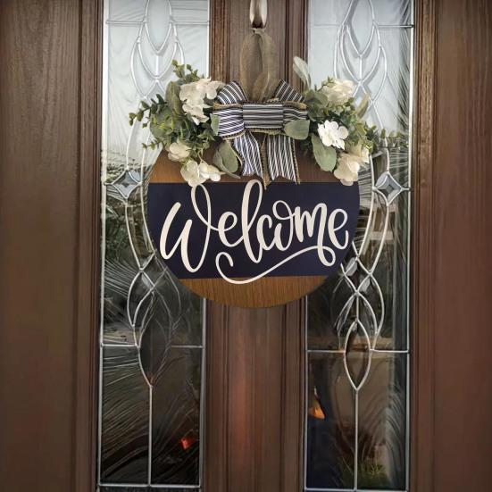 Front Door Welcome Sign Farmhouse Rustic Round Wooden Bowknot Letter Welcome Wreath All Seasons Indoor Outdoor Porch Door Hanger Wall Hanging