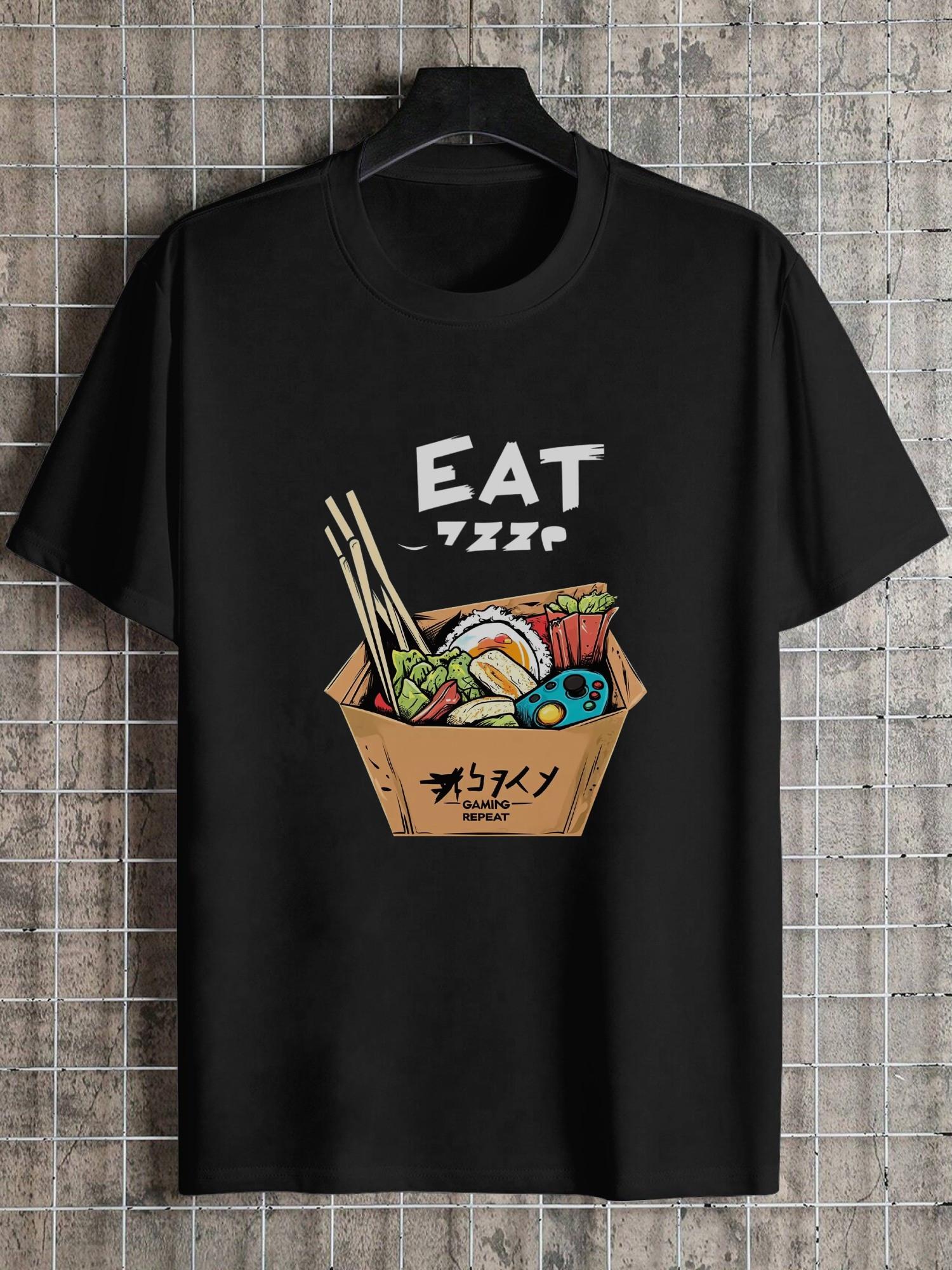 

1pc Japanese Takeout Box Eat Sleep Anime Gaming Repeat Graphic T-shirt - 180g Cotton Crew Neck Short Sleeve Casual Tee with Single-Sided Print S