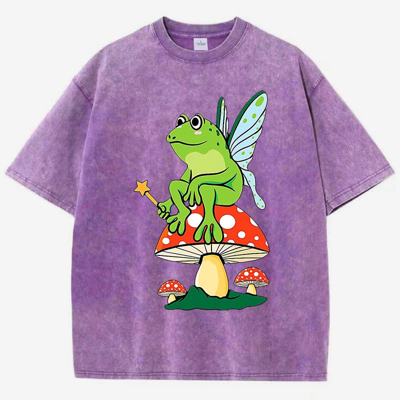 Frosch FeeCore Pilz Druck Damen Gewaschenes T-Shirt Baumwolle Lässig T-Shirt Locker Hip Hop Kurzarm Vintage Kleidung