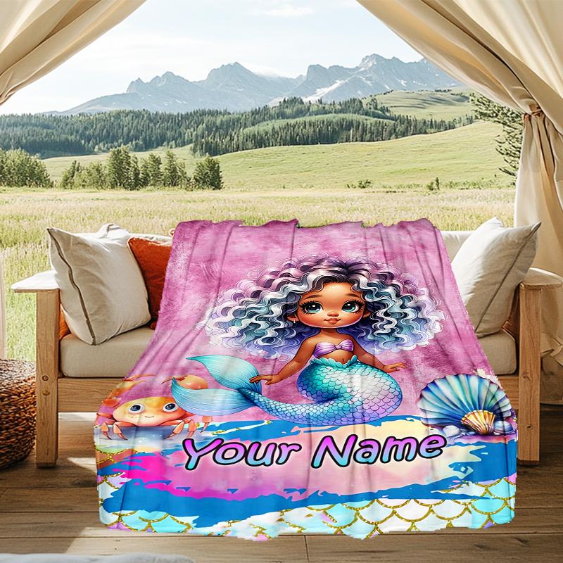 1PC Custom Name Mermaid Fantasy Cover Outdooor Flannel Blankets Patterns Throw Blanket All-Season Soft Gift for Couch, Bed, Camping Gifts