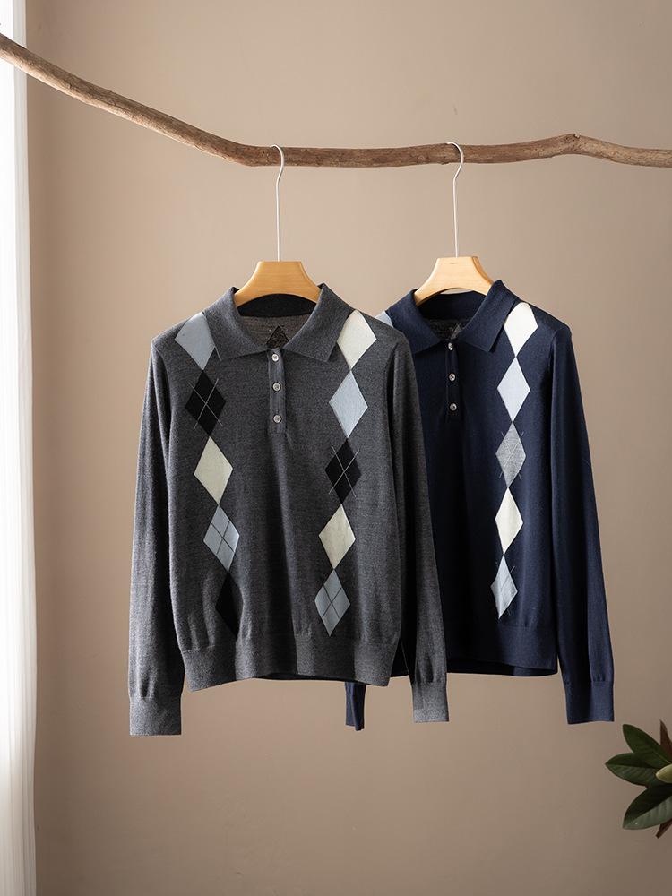 Women's Merino Wool Polo Collar Sweater - 2026 Spring/Autumn, Diamond Pattern Knit Pullover