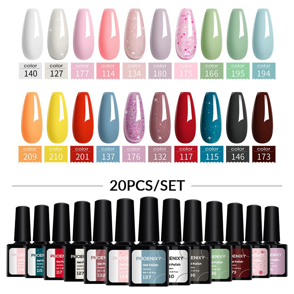 

PHOENIXY, 20 цветов, набор гель-лаков для ногтей, набор гель-лаков для замачивания, маникюр, полупостоянные гибридные лаки, основа и верхний дизайн ногтей 20PCS