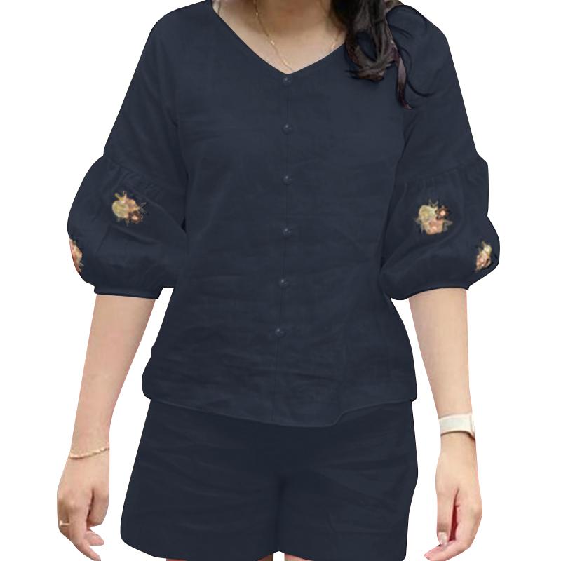 

ZANZEA Женская блузка с вышивкой и шорты повседневные комплекты из двух предметов 4XL темно-синий