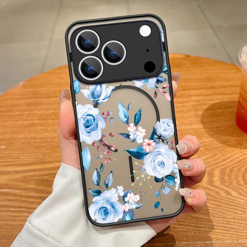 Translucent Matte Magnetic Phone Case For iPhone 17 16 15 Pro 14 13 Pro Max 16e 17e For Magsafe Blue Flower Hard PC Back Cover
