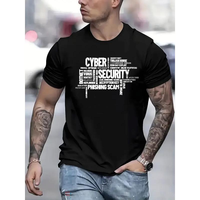 Men'S Cyber Security T-Shirt - Black Casual Short Sleeve Crew Neck Tee with White Text & Barcode Design, Lightweight for Summer