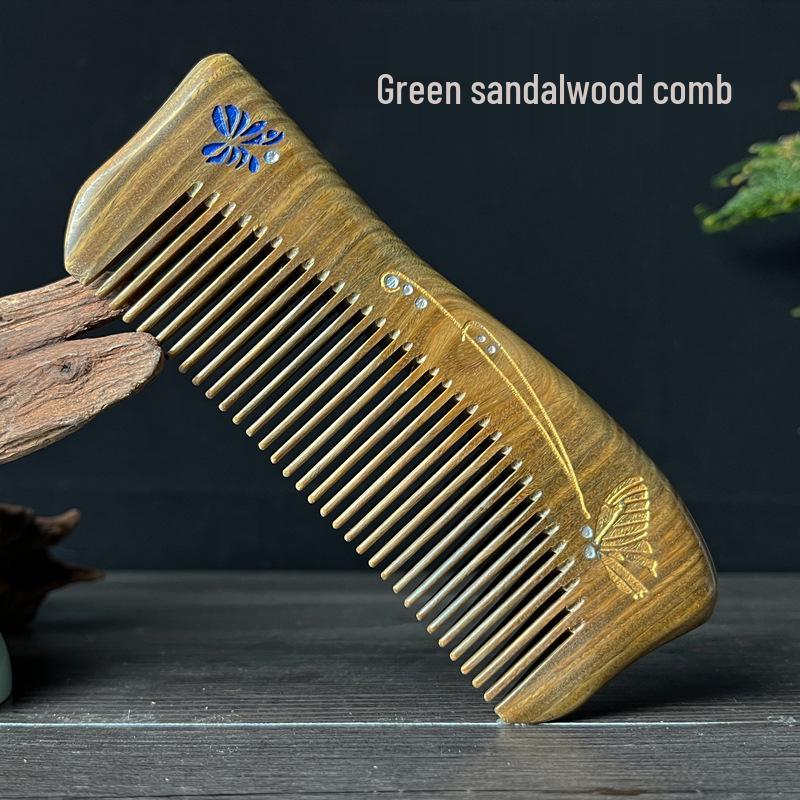 Creative Carved Green & Jade Sandalwood Gold-Painted Travel Comb for Men & Women