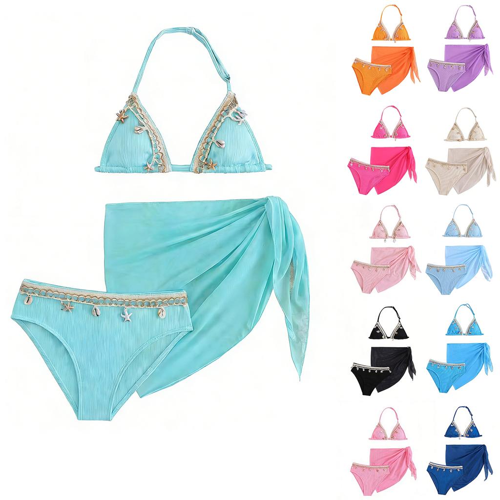 Mädchen Hochtailliertes Zweiteiliges Badeanzug-Set mit Netz-Rock-Überwurf Verstellbares Neckholder-Oberteil und Unterteil Badebekleidung für Kinder Strand Pool
