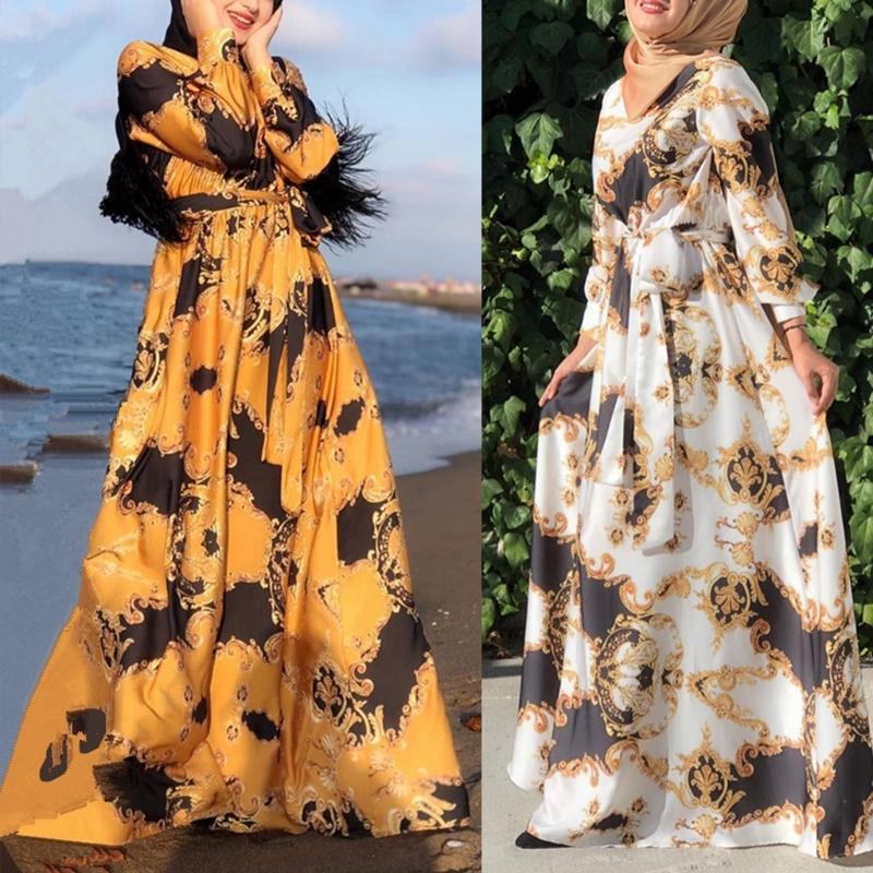 Floral Printting Ramadan Muslim Dress Abayas Lace Up O-Neck Dubai Turkey Islam Clothing Kaftan Robe for Womens Girls