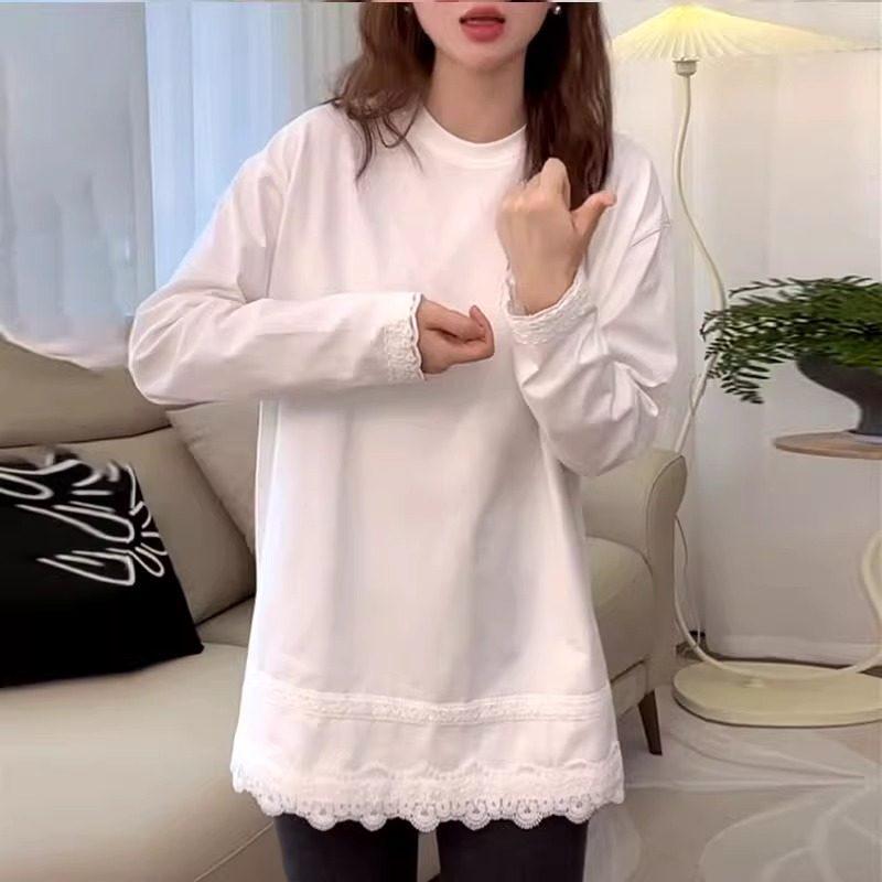 Women's Spring Mid-Length Brushed Long-Sleeve T-Shirt with Stylish Lace Patchwork