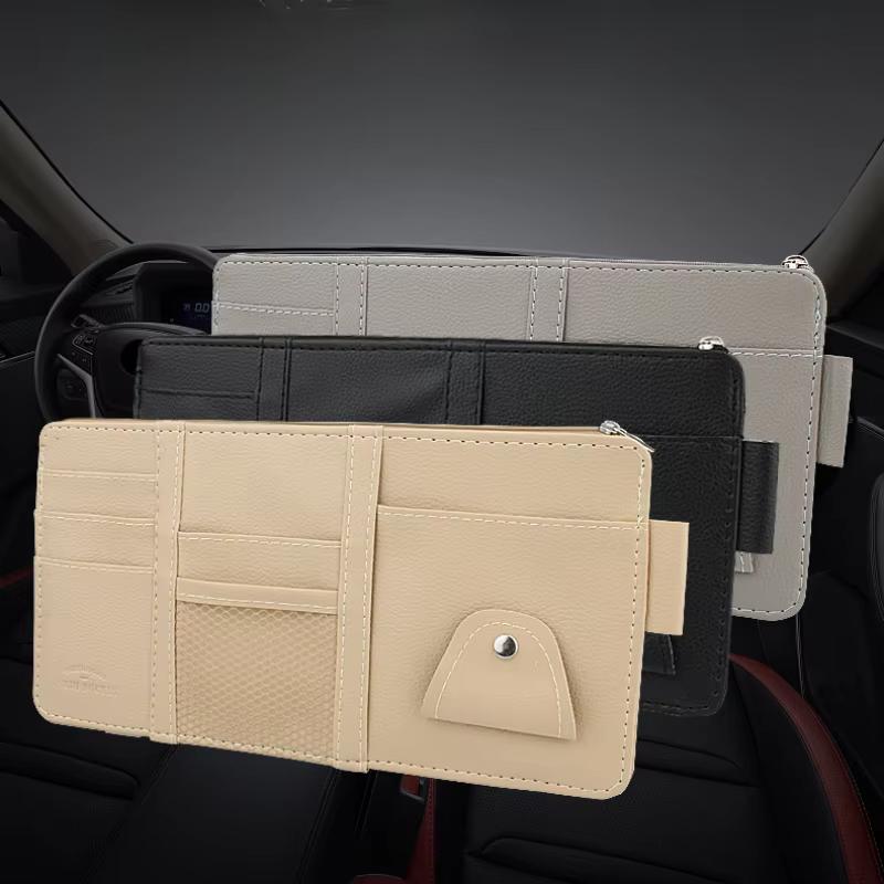 PU Leather Car Sun Visor Organizer Multi-Pocket Auto Storage Pouch With Sunglasses Clip For Card Phone Car Interior Organization