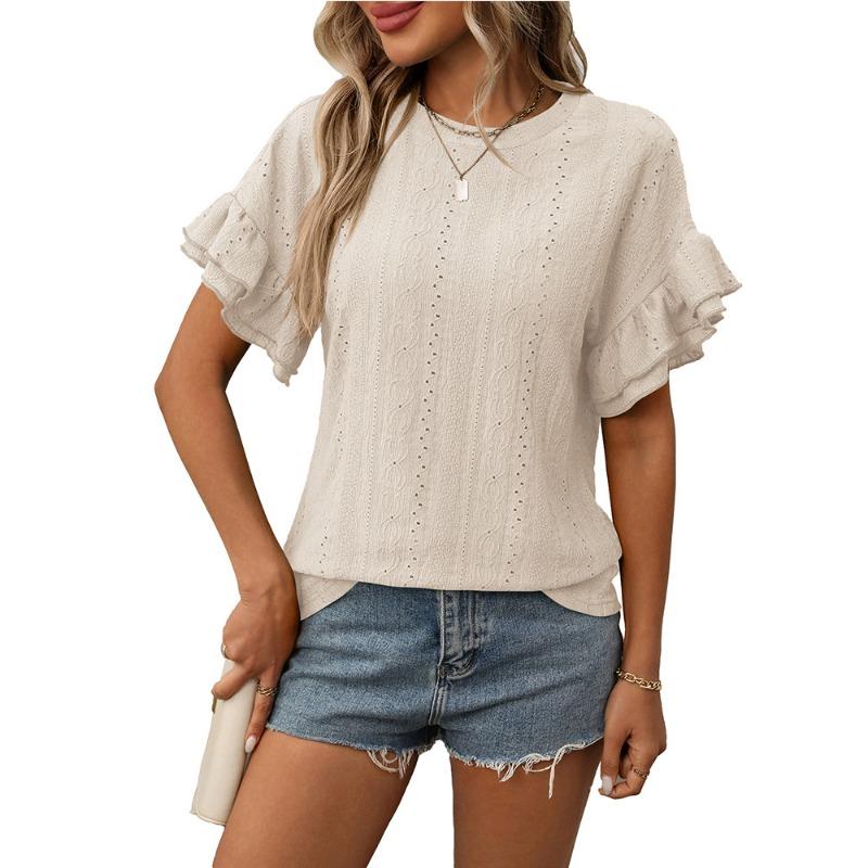 A New Summer Solid-color Round-neck Short-sleeved T-shirt with Lotus Leaf Sleeves for Women