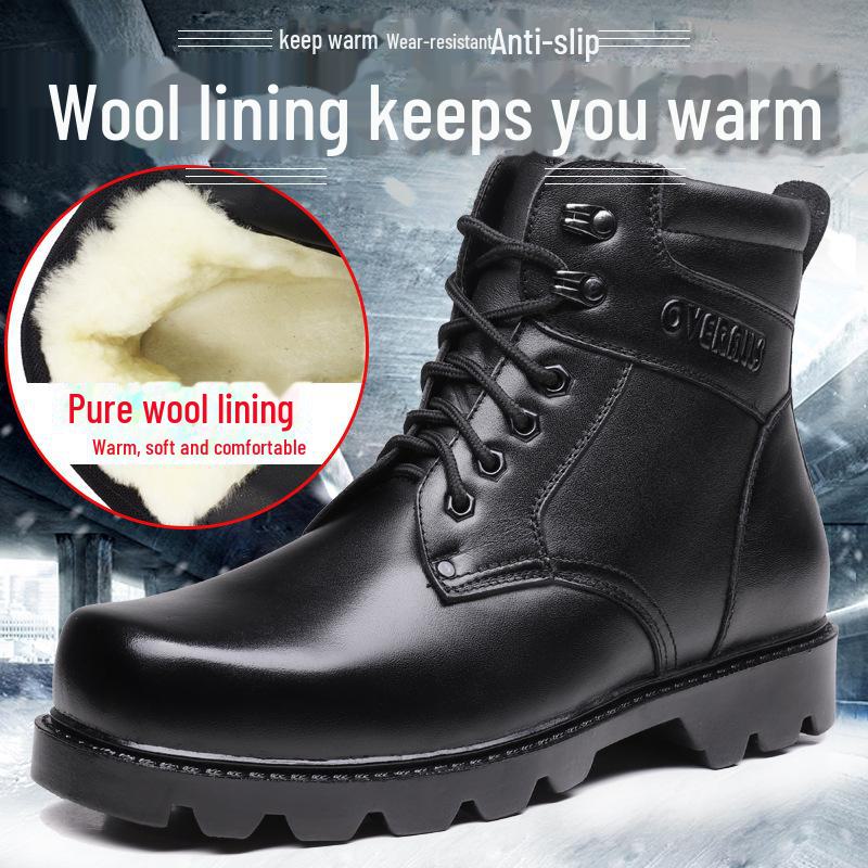 Men's High-Top Leather Combat Boots - Thick Sole, Bright Finish, Fur-Lined, Martin Style Snow Boots