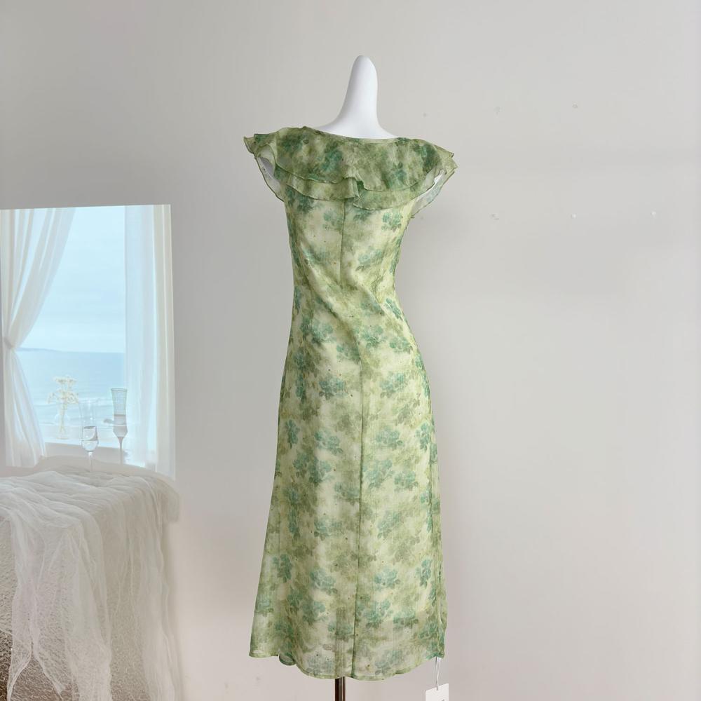 Wear fresh and elegant temperament waist dress in early summer, casual women's gentle flying sleeves, sweet skirt, floral long dress