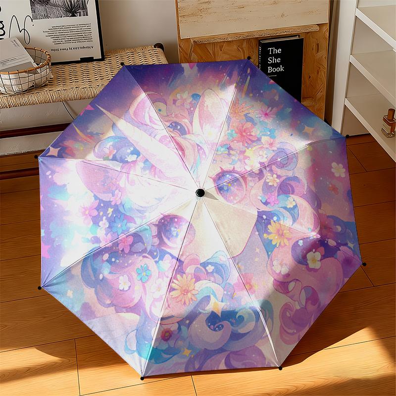 1pc Cartoon cute fantasy unicorn Umbrella Portable Folding Umbrella Iron Frame Hole Bone Structure Outdoor Home Umbrella