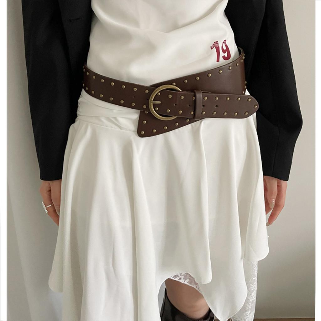 Vintage Brown Pu Leather Belt For Women With Wide Rivet Design For Boho Casual Style