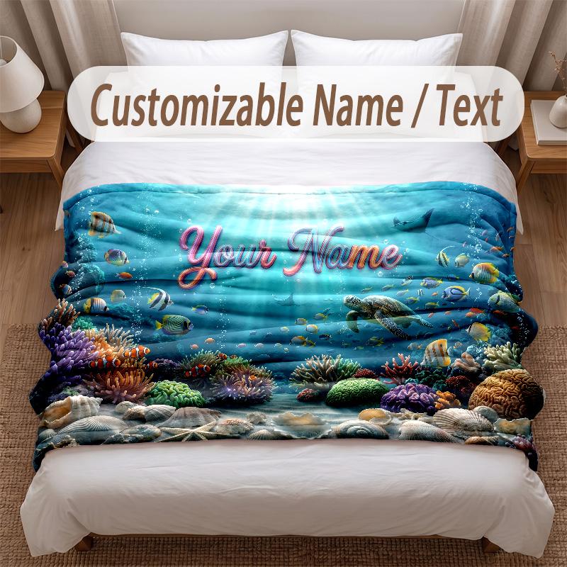 Fish Ocean Theme Soft Blanket Personalized Custom Name Text Print Warm Blanket Home Sofa Bedroom Decor