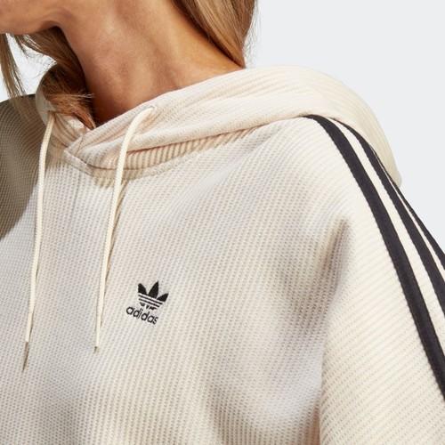 Adidas Originals Short Sports Drawstring Striped Hoodie for Women, Wonder White