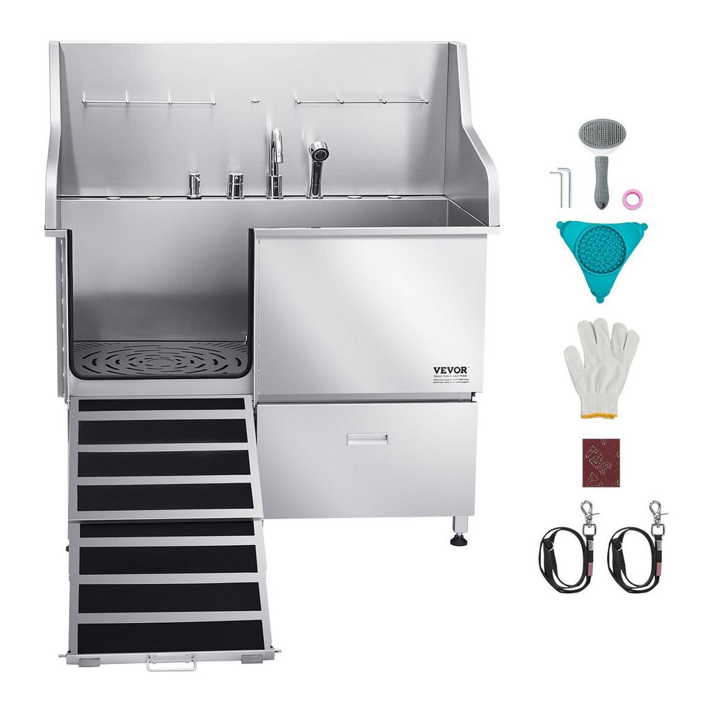 127 cm Dog Grooming Bath Tub Stainless Steel w Ramp Faucet Left Door