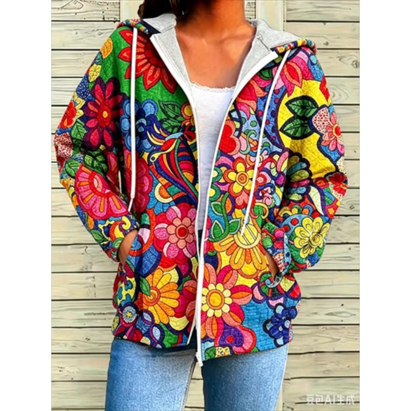 Zipper Splicing Fashion Loose Women's Casual Flower Print Hoodie Fashion Spring And Summer