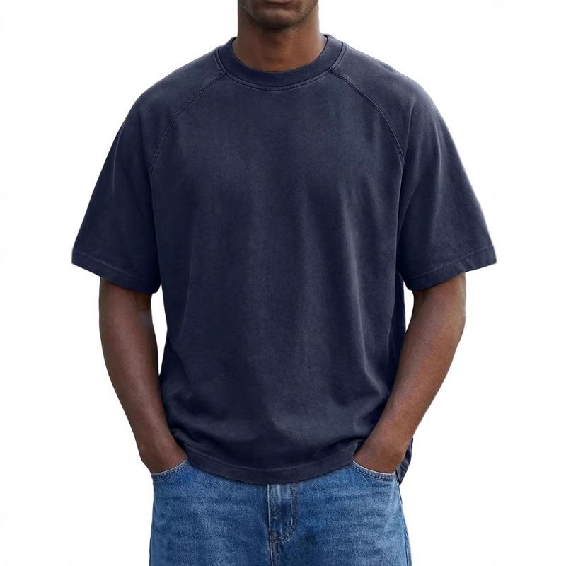 Herren Schwarzes gewaschenes Rundhals-T-Shirt Lockere Passform Kurzarm Lässiges einfarbiges Oberteil