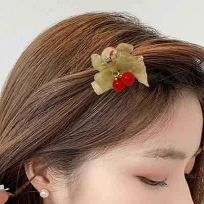 Hairpin Transparent Clip Gentle Non-Harmful Design Smooth Edges Hair Clip Green Gauze Bow Red Beaded Cherry Hair Accessory