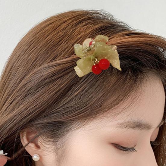 Hairpin Transparent Clip Gentle Non-Harmful Design Smooth Edges Hair Clip Green Gauze Bow Red Beaded Cherry Hair Accessory